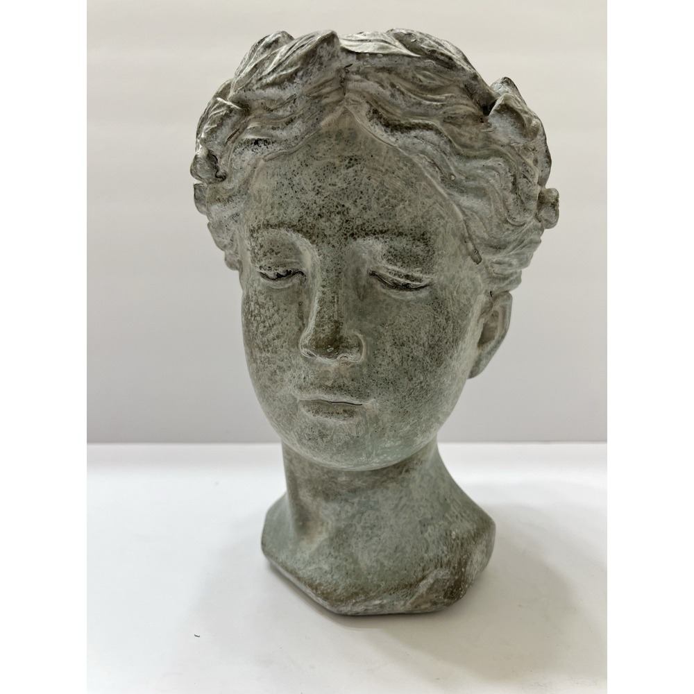 Vintage Greek Goddess Lady Head Planter Weathered Grayish/Seafoam Green Cement